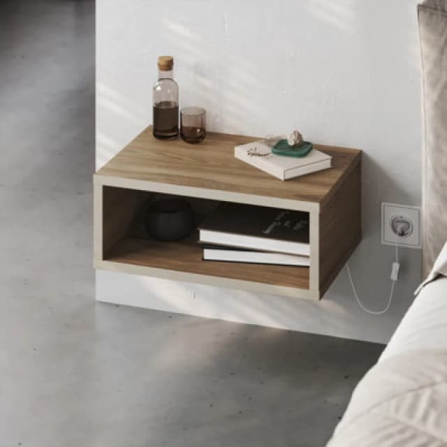 Decortie Modern Floating Bedside Table W/ LED Lights 45Cm Wall-Mount Nightstand End Table Open Shelf Bedroom Whiskey Oak,sandstone