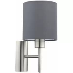 Loops - Wall Light Colour Satin Nickel Shade Grey Fabric Rocker Switch Bulb E27 1x60W