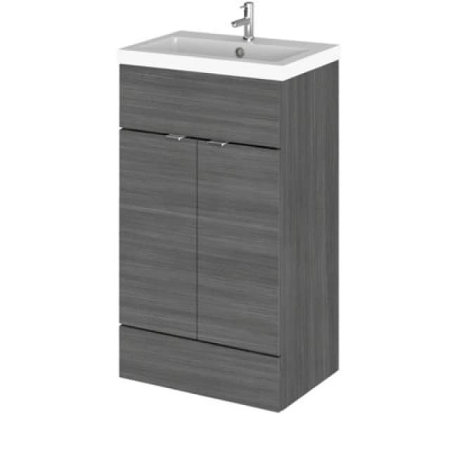 Hudson Reed Fusion Floor Standing 2 Door Vanity Unit & Polymarble Basin, Sink Vanity Unit, Anthracite Woodgrain, 500mm