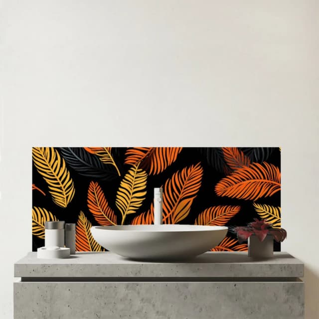Warren Reed - Designer Orange Feather Leaves Glass Bathroom Splashback Orange Unisex