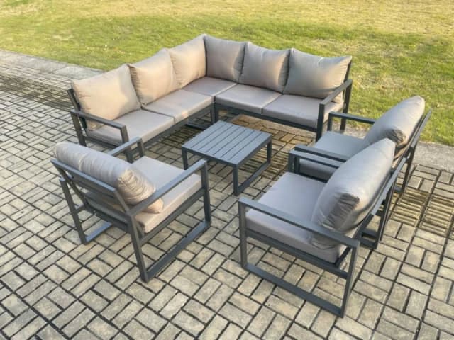 Fimous 8 Seater Outdoor Aluminium Garden Furniture Set Corner Lounge Sofa Set with Square Coffee Table Chair Dark Grey Dark Grey Unisex