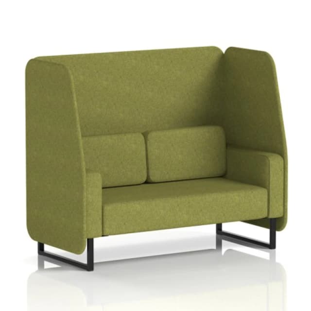 Brixworth 2 Seater Open Office Booth with Black Legs in Rivet Fabric - Olive Panels and Sofa