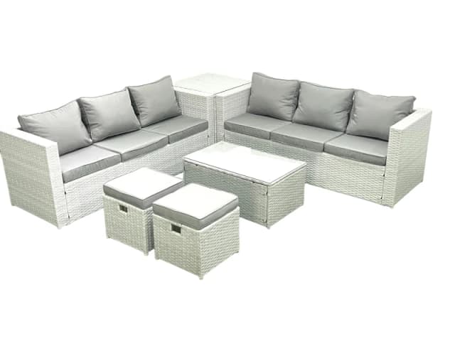 Fimous Garden Outdoor PE Rattan Furniture Set 8 Seater Rattan Garden Sofa Set with 2 Small Footstool Side Table Light Grey Mixed Light Grey