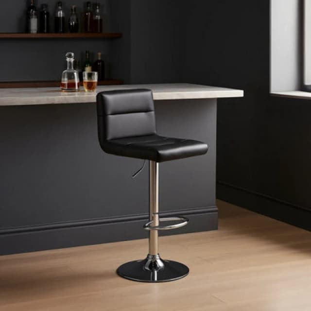 Premier Housewares Interiors By Premier Adjustable Height Seat Bar Stool With Chrome Base, Comfortable Bar Chair, Sleek Modern Bar Stool Jet Black