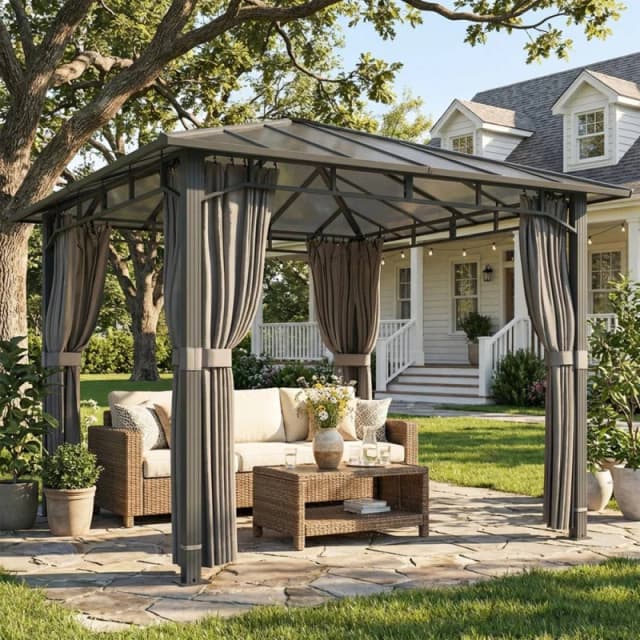 OUTSUNNY 3 x 3m Hardtop Gazebo with PC Roof, Aluminium Garden Gazebo in Dark Grey Size: 3m x 3m Dark Grey Unisex 3m x 3m