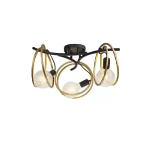 Wales Double Ring Ceiling Lamp Flush, 3 Light E27, Matt Black, Painted Gold