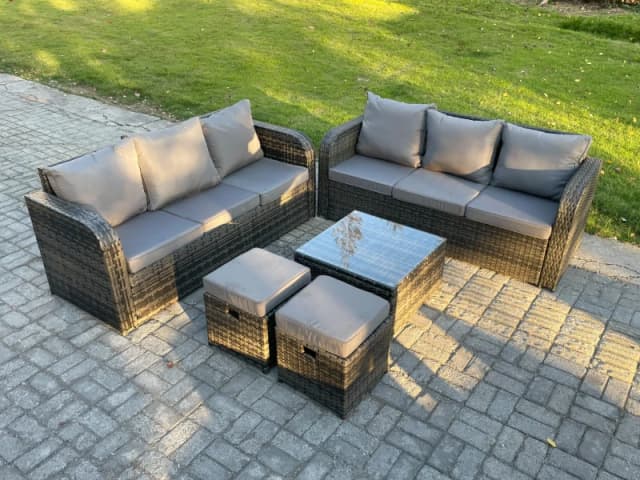 Fimous Indoor Outdoor Rattan Garden Furniture 8 Seater Set Table Sofa Chair Patio Conservatory with Grey Cushions 2 Small Footstools Dark Grey unisex
