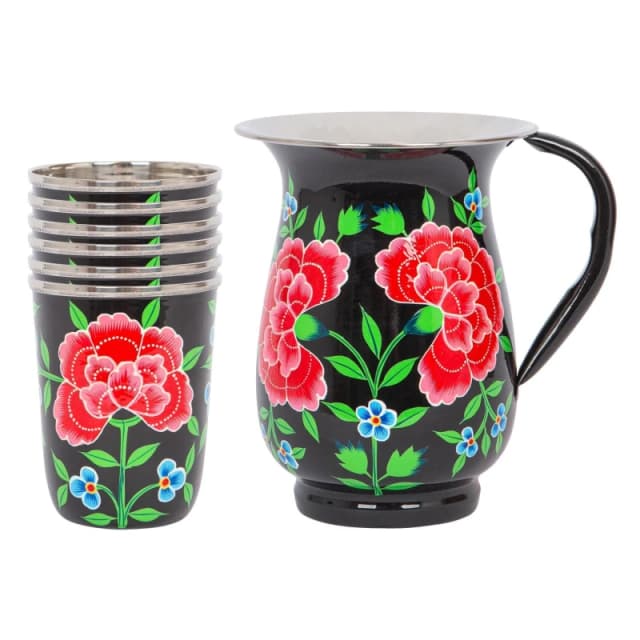 Billycan Hand-Painted Picnic Water Jug With 300ml Cups - 1.7L - Carbon Peony