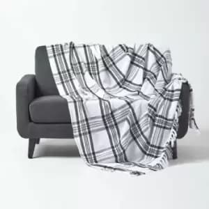 HOMESCAPES White & Black Tartan Check Sofa and Bed Throw, 255 x 360cm - White