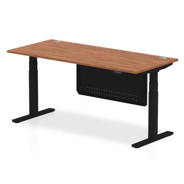 Air 1800 x 800mm Height Adjustable Desk Walnut Top Cable Ports Black Leg With Black Steel Modesty Panel