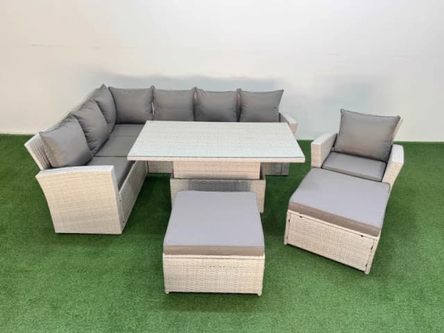 Fimous 9 Seat Garden Furniture Corner Sofa with 2 Big Footstools Light Grey Light Grey Unisex