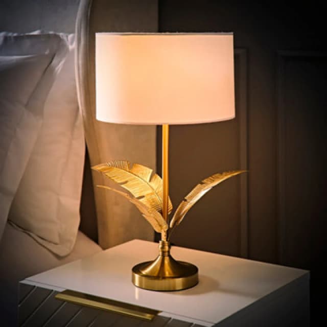 ValueLights ValueLights Christina Fabric Drum Shade Gold Palm Leaf Detail Stem Table Lamp with LED Bulb in White White One Size Unisex 5059406067297