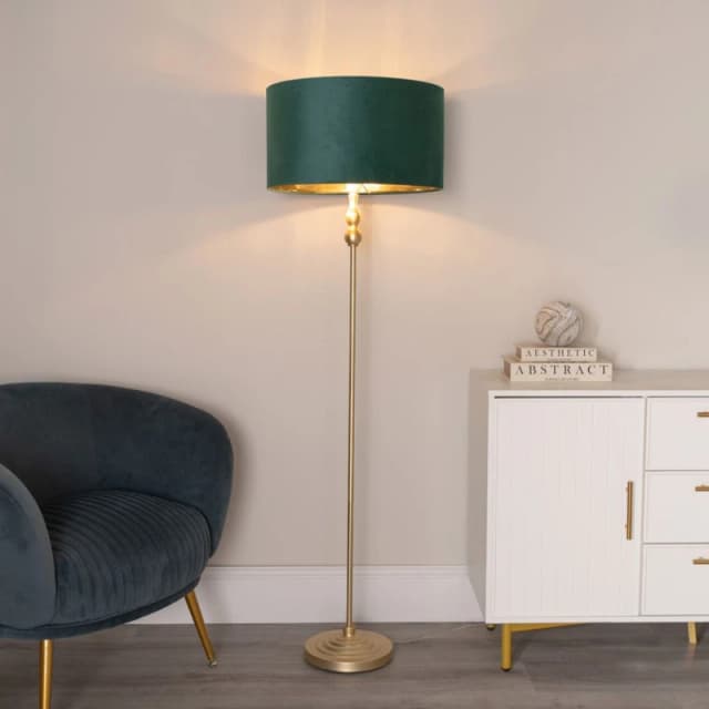 ValueLights ValueLights Maggie Gold Candlestick Floor Lamp with Velvet with Gold Inner Lamp Shade in Bottle Green Bottle Green One Size Unisex 5059406