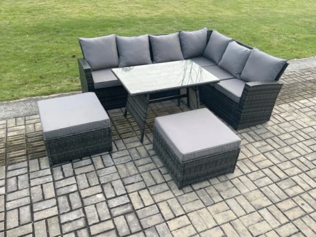 Fimous Outdoor Furniture Garden Dining Set Rattan Corner Sofa Set Rectangular Dining Table with Temper Glass 2 Big Footstool in Dark Grey Dark Grey Un