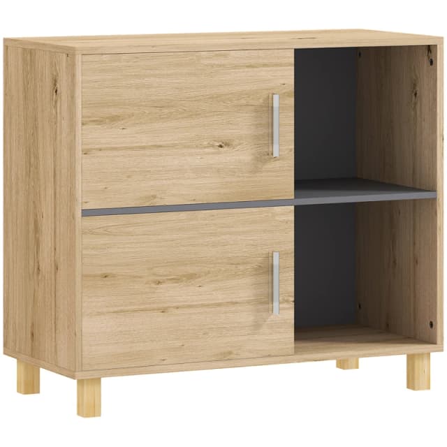HOMCOM Bathroom Storage Cabinet with Open Compartments and Double Doors Natural