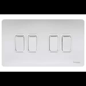 Schneider Electric Ultimate Screwless Flat Plate - 4 Gang Rocker 2 Way Light Switch, Single Pole, 16AX, GU1442WPC, Polished Chrome with White Insert