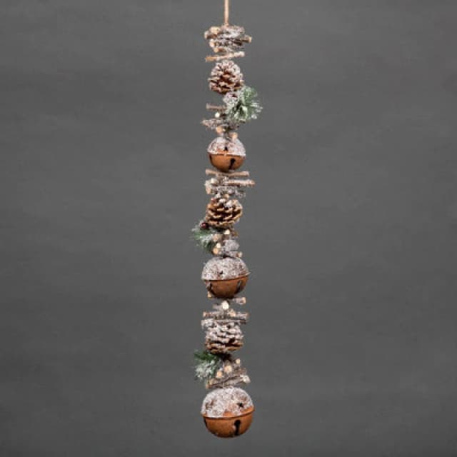 Shatchi 90cm Garland with Red Jingle Bells Wooden Sticks, Berries and Pinecones Christmas Home Wall Door Hanger Sleigh Bells Xmas Brown