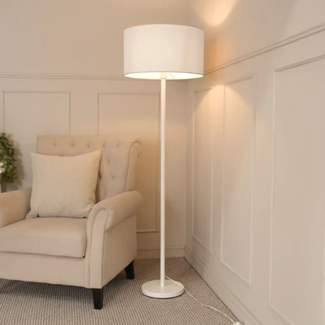 ValueLights Charlie White Single Stem Floor Lamp with Fabric Drum Lamp Shade and LED Bulb Grey