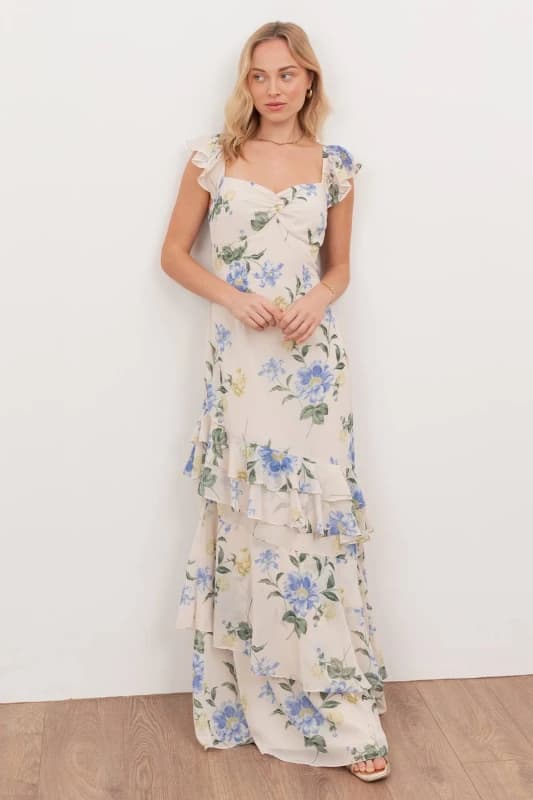 Anaya with Love Womens Flutter Sleeve Asymmetric Ruffle Maxi Dress in Off-White Size: 8 Off-White Female 8