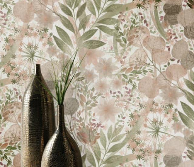 Erismann Floral Green Pink Off White Non Woven Paste The Wall Wallpaper, Pink WL-10506-05