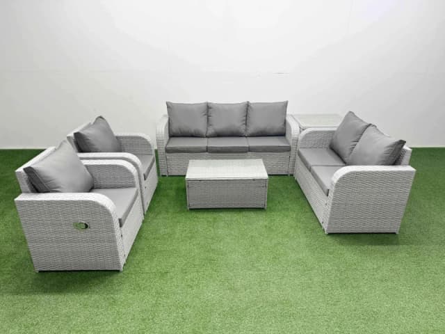 Fimous PE Rattan Garden Furniture Set Adjustable Chair Sofa Double Love Seat 2 Seater Sofa Lounge Set Oblong Coffee Table Side Table Light Grey Light