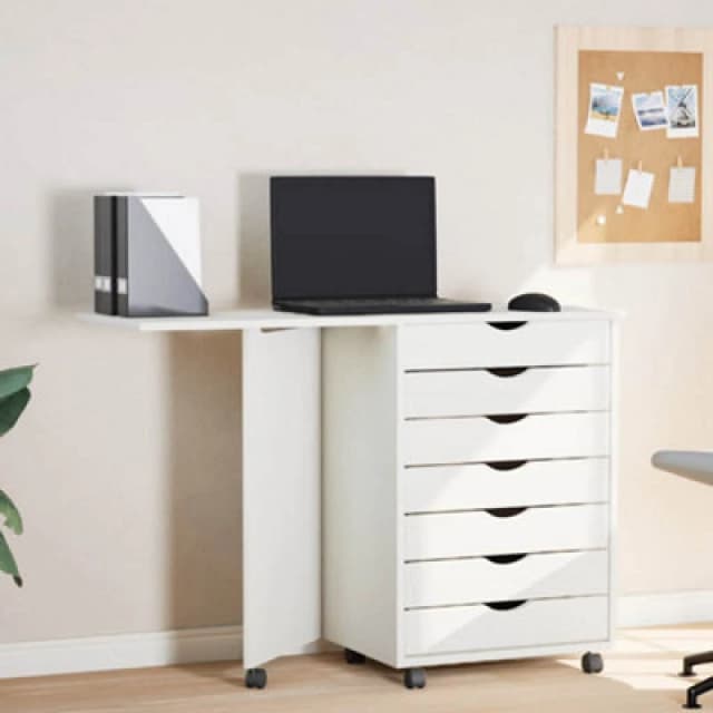 vidaXL Rolling Cabinet With Desk Moss White Solid Wood Pine, White 355901