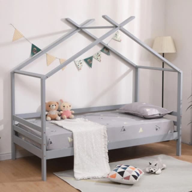 Slumberworx Teddy Kids Wooden House Treehouse Single Bed Frame (grey), Grey 5.05574E+12