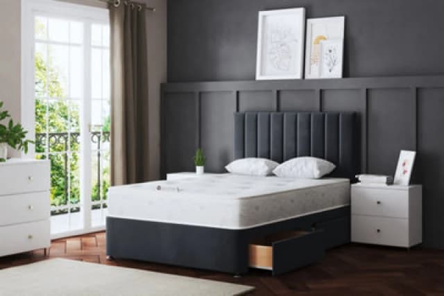 DS Living Amelia Upholstered Steel Panel 2 Draw Divan Bed with Headboard Grey