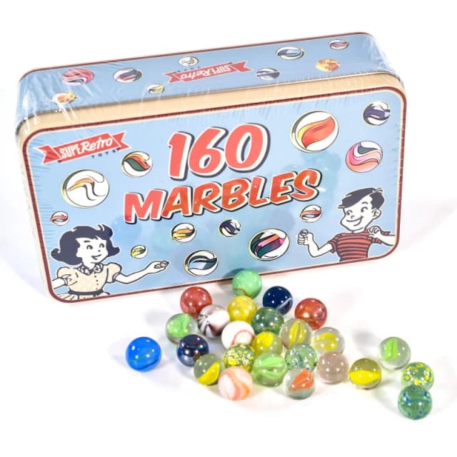 KandyToys SupeRetro 160 Piece Classic Glass Marbles with Vintage Tin Multi