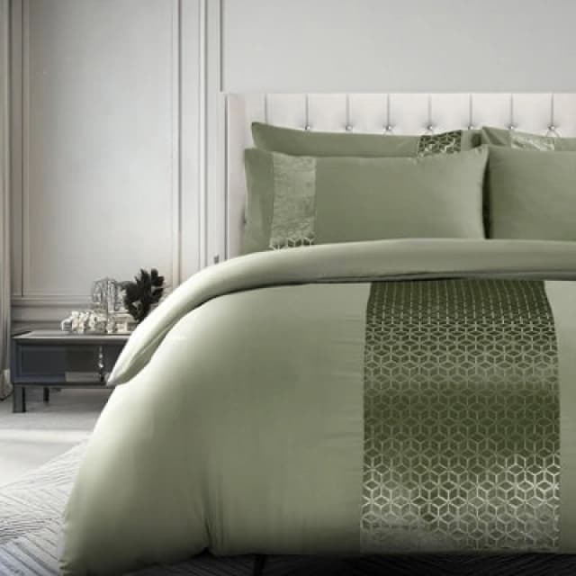 Velosso Elegant Foil Printed Duvet Cover & Pillowcase Set, Luxury Bedding, Modern Bed Covers With Stylish Geometric Pattern, - Sage