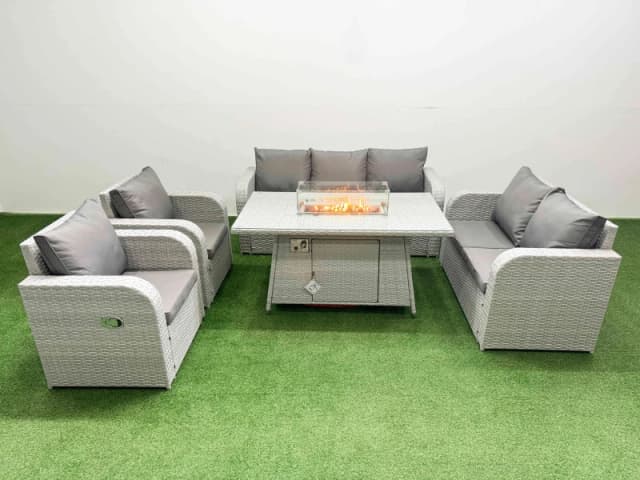 Fimous PE Rattan Garden Furniture Set Reclining Chair Sofa Double Love Seat 2 Seater Sofa Lounge Set Firepit Dining Table Light Grey Light Grey