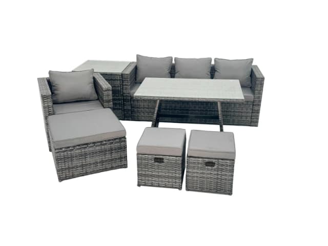 Fimous Rattan Dining Table Sofa Set with Side Table 3 Footstools Outdoor in Dark Grey Dark Grey Unisex