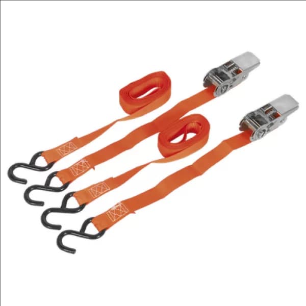 Sealey TD0540S2 Ratchet Tie Down 25mm x 4mtr Webbing S Hooks 500kg Load - Pair