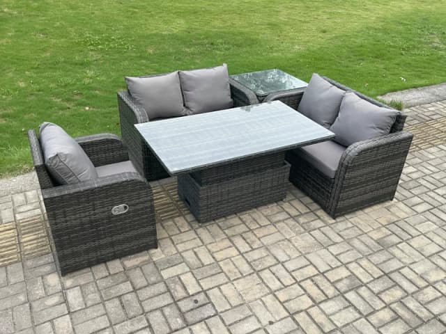 Fimous Rattan Furniture Garden Dining Set Outdoor Height Adjustable Rising lifting Table Love Sofa Chair With Side Table Dark Grey