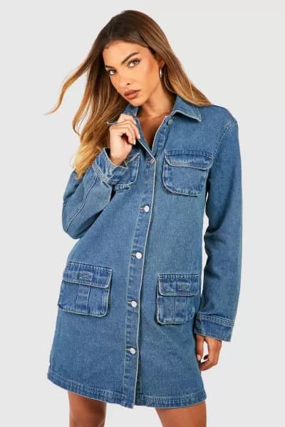 boohoo Cargo Pocket Denim Shirt Dress Mid Navy
