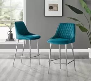 Set of 2 Fletcher Soft Diamond-Stiched Velvet Bar Stools With Silver Chrome Legs