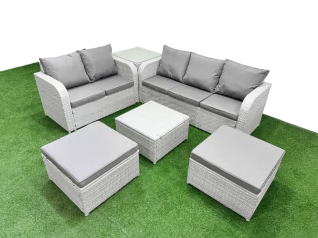 Fimous 7 Seater PE Rattan Wicker Garden Furniture Patio Conservatory Sofa Set with Square Coffee Table 3 Seater Sofa Love Sofa 2 Big Footstool Side Ta