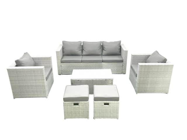 Fimous Rattan Garden Furniture Set with 3 Seater Sofa 2 Chair Rectangular Coffee Table 2 Small Footstools Light Grey Mixed 7 Seater Light Grey