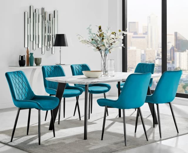 FurnitureboxUK FurnitureboxUK Andria White Marble Effect & Black Leg 6 Seater Dining Table and 6 Pesaro Soft Velvet Chairs in Blue Blue One Size Unise