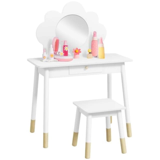 Aiyaplay Kids Dressing Table With Mirror And Stool, Drawer, Cloud Design, White 316-014V80WT