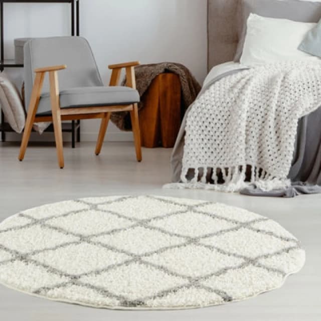 THE RUGS Soft Moroccan Shaggy Rugs & Runners Ivory & Grey Living Room Size: 120cm diameter Ivory Unisex 120cm diameter