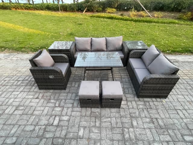 Fimous 8 PCS Outdoor Lounge Sofa Set Wicker PE Rattan Garden Furniture Set with Rectangular Dining Table Armchair 2 Small Footstools Dark Grey
