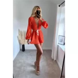I Saw It First Orange Balloon Sleeve V-Neck Playsuit - Orange