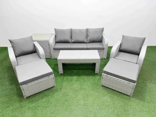 Fimous PE Rattan Garden Furniture Set Reclining Chair Sofa Lounge Sofa Set Rectangular Coffee Table Side Table 2 Big Footstool Light Grey Light Grey