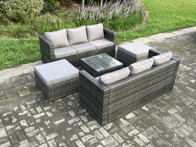 Fimous 8 Seater Rattan Garden Furniture Set Patio Outdoor Lounge Sofa Set with Square Coffee Table 2 Big Footstool Dark Grey Mixed Dark Grey