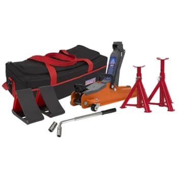Trolley Jack 2tonne Low Entry Short Chassis & Accessories Bag Combo - Orange