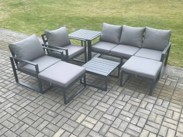 Fimous Aluminium Outdoor Lounge Sofa Set Garden Furniture Sets with Square Coffee Table 2 Chairs 2 Big Footstools Side Table Dark Grey 7 Seater Dark G