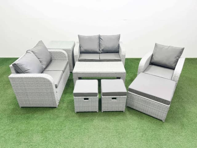 Fimous High Back Poly Rattan Garden Furniture Set with Reclining Chair Loveseat Sofa Oblong Coffee Table Indoor Outdoor Patio Set 3 Stools Side Table