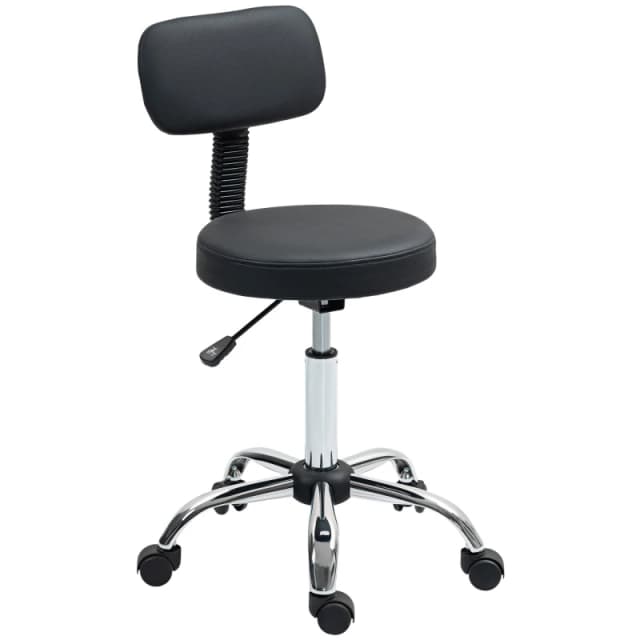HOMCOM Rolling Stool with Backrest, Wheels, Faux Leather Salon Chair Black