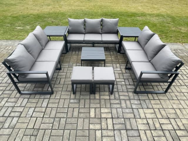 Fimous Aluminium 11 Seater Outdoor Garden Furniture Set Patio Lounge Sofa with Coffee Table 2 Side Tables 2 Small Footstools Conservatory Set Dark Gre